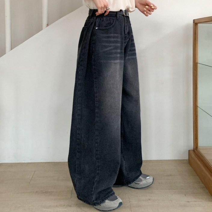 앤샵 롱,숏 기장선택 여성용 트베리 워싱빈티지 벌룬 사이드절개 와이드 데님 청바지4color