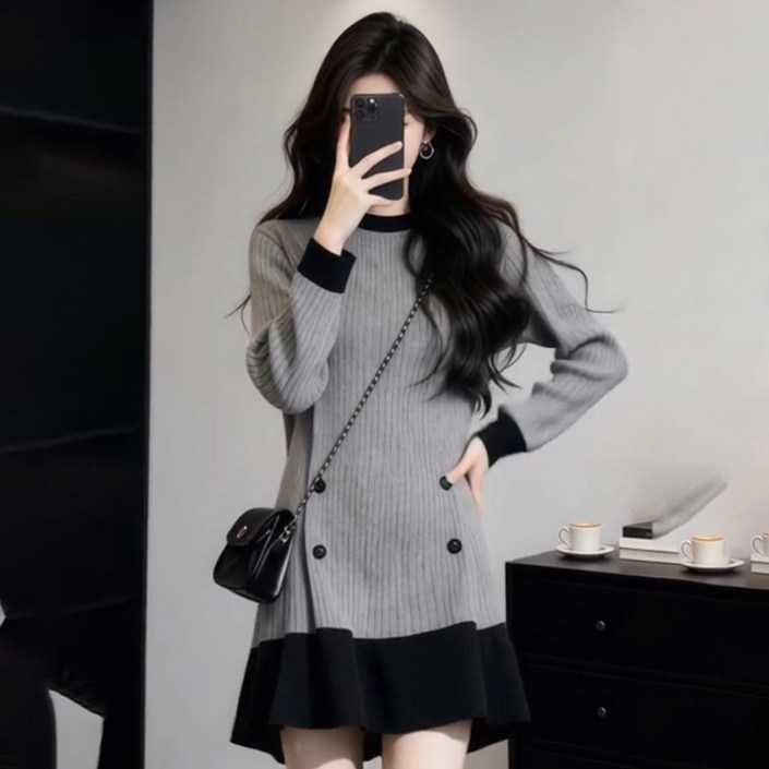 ASURE 여성 박시 라운드 긴팔 니트 원피스