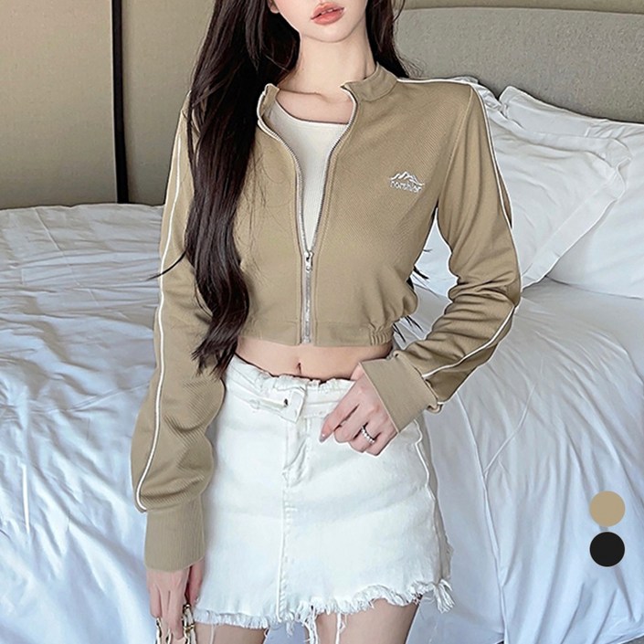 라라벨 여성용 집업 미니멀 베이직 밑단 밴딩 자수 긴팔 데일리 크롭 집업