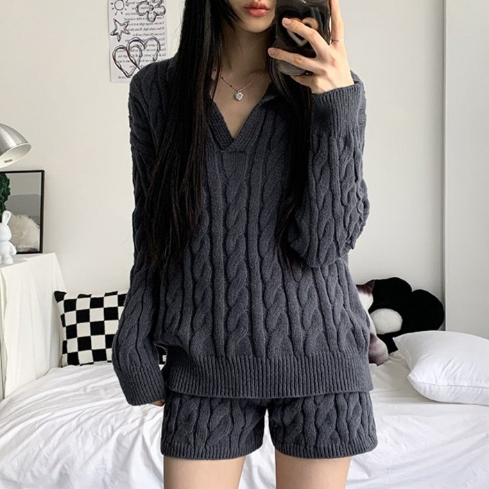 가성비세트3col 리프 루즈핏 꽈배기 카라 니트 밴딩 쇼츠 반바지 세트