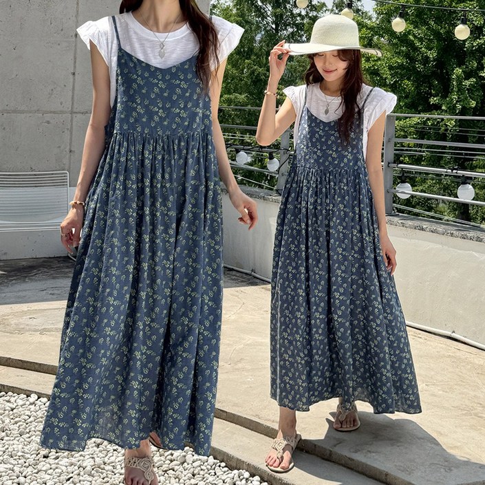 데일리앤 시미즈 여름 린넨 뷔스티에 끈 나시 레이어드 롱원피스 셔링 플라워 원피스 휴양지 바캉스