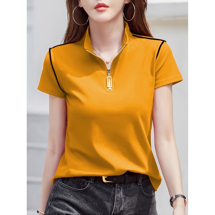 여름 신상 슬림핏 반집업 터틀넥 여성 반팔 티 상의