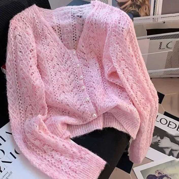 FANSYLI 여성 카디건 봄여름 얇은 니트 패션 숏 브이넥 펀칭 카디건 심플 루즈핏 에어컨 재킷 자외선 차단 재킷 XR2512D30