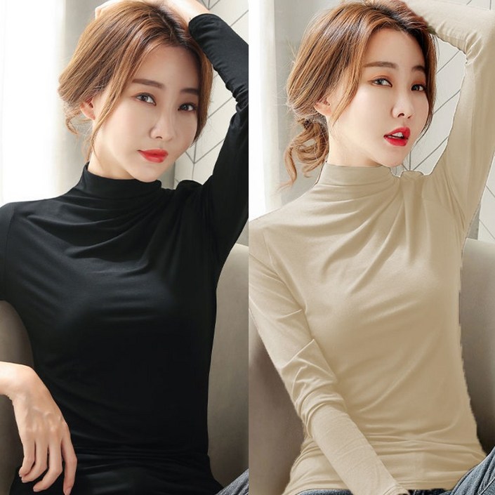 [1+1 2장] 봄 가을 겨울 여성 스판 하이넥 이너티 슬림 긴팔 티셔츠