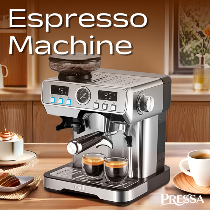 PRESSA 올인원 에스프레소 머신 가정용 커피머신 그라인더 우유 거품기, 실버, CM301