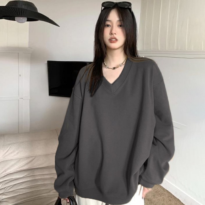 SAHINER 가을 여성 데일리 오버사이즈 브이넥 맨투맨 캐주얼 루즈핏 스웨트셔츠 LWBWY32