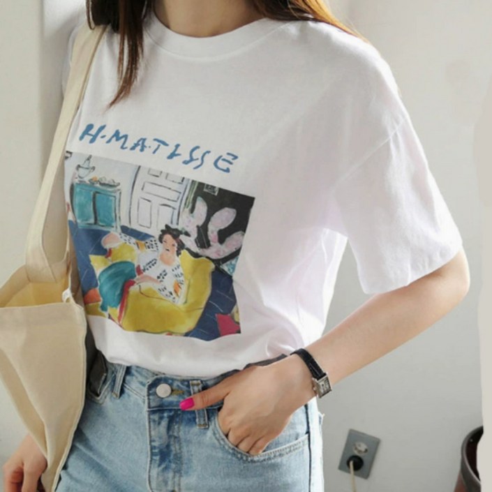 브로스 프린팅 도톰한 라운드넥 화이트 여성 반팔 티셔