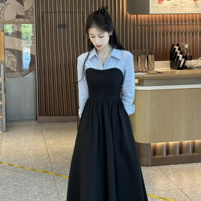 POMTOR 여성 봄 신상 캐주얼 레이어드원피스 셔츠 원피스