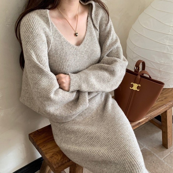 바몬트 니트 볼레로세트 브이넥원피스+가디건 니트(2color) 하객룩/니트원피스/셋업/볼레로세트/니트롱원피스/겨울하객룩/원피스/니트가디건/뷔스티에니트원피스