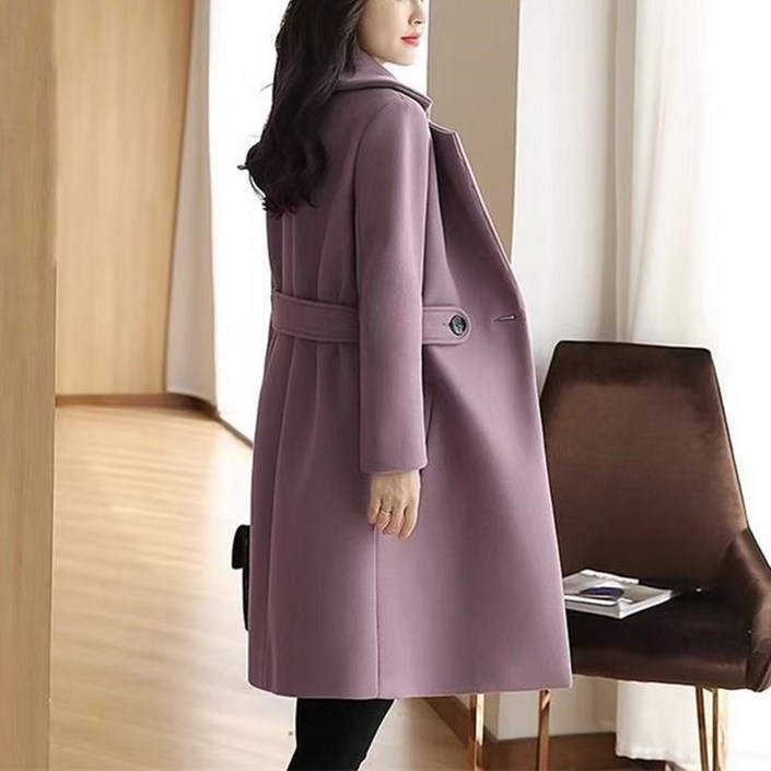 JUSTFEELING 허리조임 날씬해 보이는 모직 코트 카라넥 세미 여성 정장 모직자켓 아우터 날씬해보이는 우아한 여성용 울 코트 M4XL