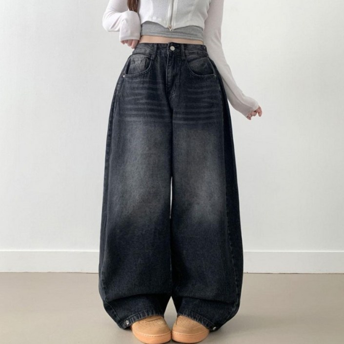 부기샵 벌룬 와이드 데님팬츠 라뚜 사이드핀턱 캣브러쉬 워싱 스냅버튼 조거 와이드 벌룬핏 군살커버 데님팬츠