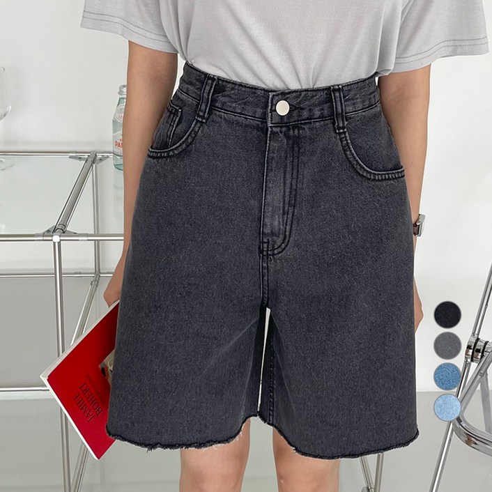이지스튜디오 여성용 밑단컷팅 4부 데님 숏 팬츠