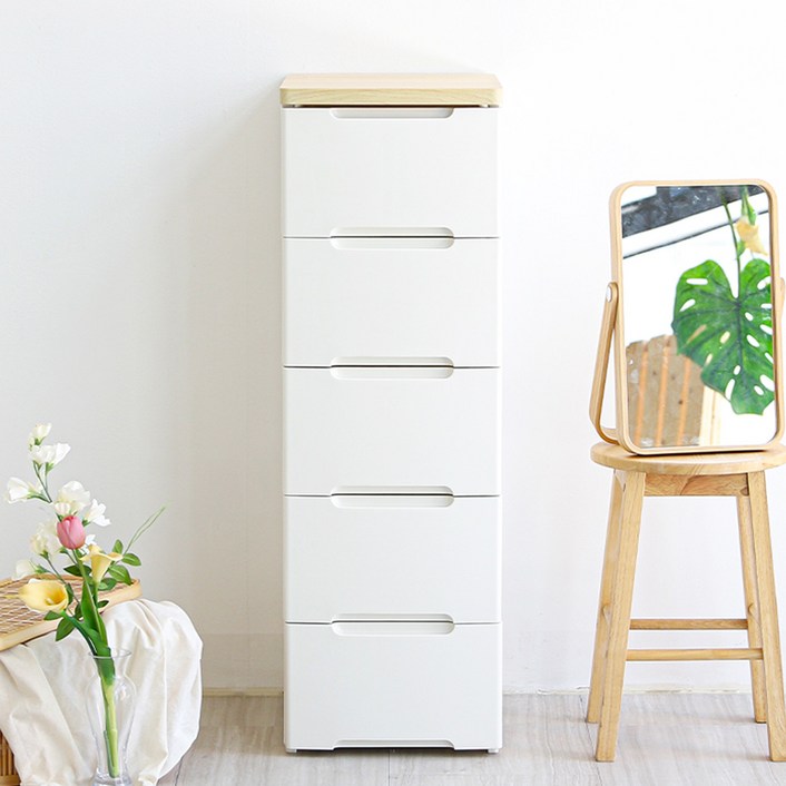 아이리스코리아 프리미엄 레일 5단 슬림 서랍장 우드상판 HG325B, 내추럴