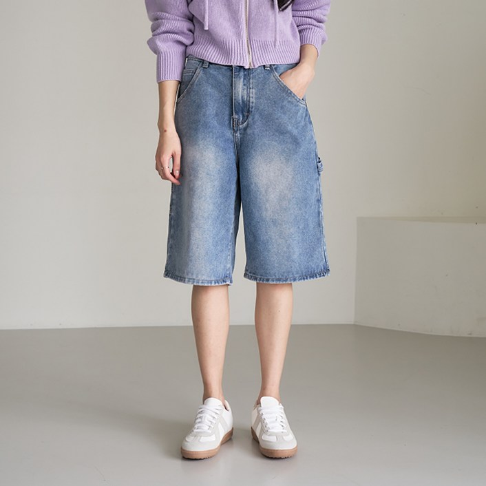 빼빼 여성용 뒷밴딩 카고 하프 데님팬츠 베이직숏 2단기장