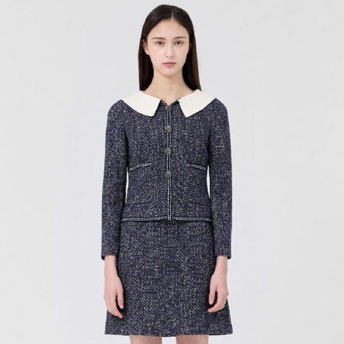 라인어디션 와이드 배색 카라 트위드 원피스