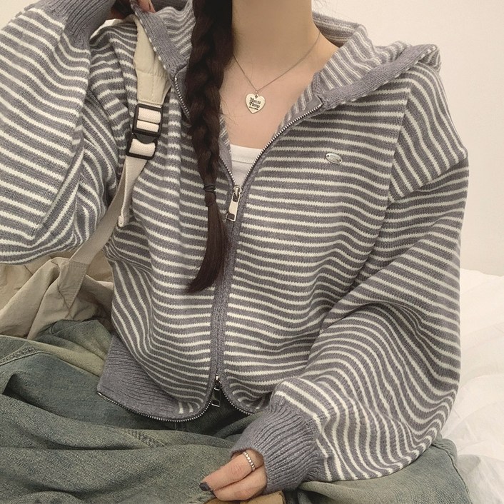위드후이린 호호 스트라이프 단가라 니트 후드집업