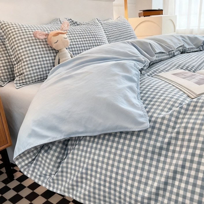 수면일기 워싱면 체크무늬 싱글 퀸 이불커버 150 180 200 단품
