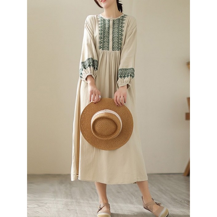 보헤미안 원피스 린넨 롱 루즈핏 여성 드레스 리넨 긴팔 스커트