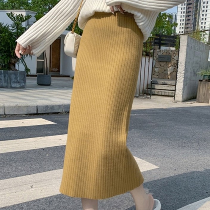 하이웨이스트 골지 롱 스커트 4칼라 캐주얼 H라인 밴딩 치마 봄 가을 겨울 캐주얼 치마