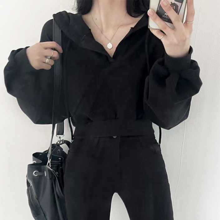 레티고 하프 브이넥 크롭 스트링 맨투맨 후드 티셔츠