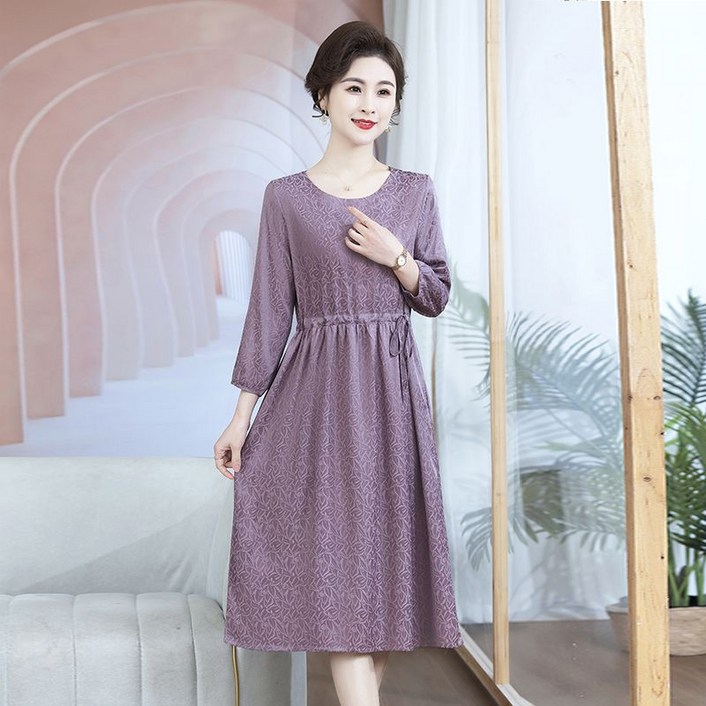 중년 여성 봄 가을 긴팔 원피스 우아한 플라워 롱 원피스 빈티지 중년 엄마 드레스 JS
