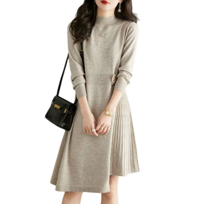 Makone 여성 반폴라 언발 측면 플리츠 심플 니트 원피스