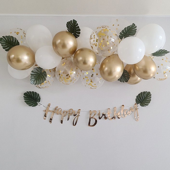 몬스테라골드벌룬클라우세트+골드생일가랜드, 혼합색상, 1개