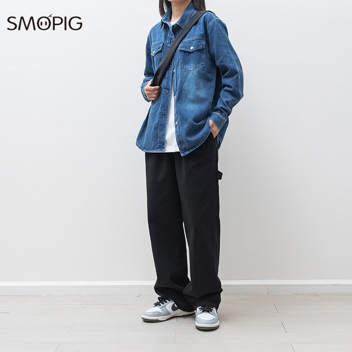SMOPIG 남성데님셔츠 워싱 춘추 긴 소매 투 포켓 카고 데님 널찍하다 그러데이션