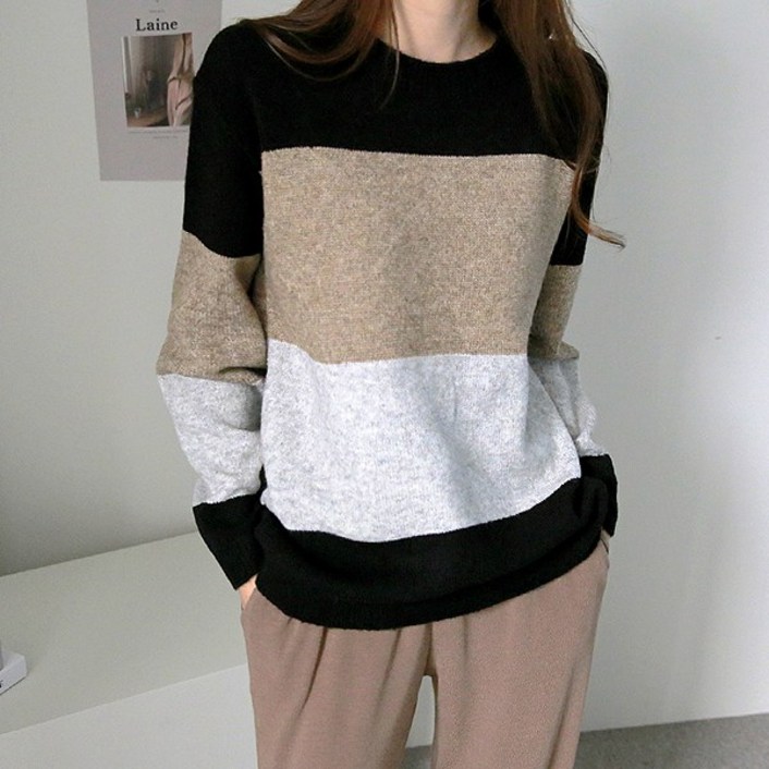 바이단미 여성용 스웨터 와이드 배색 니트