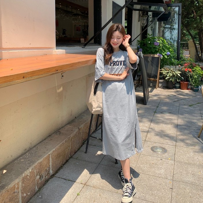 오로라 여성 여름 루즈핏 레터링 원피스 캐주얼 반팔 미디 원피스