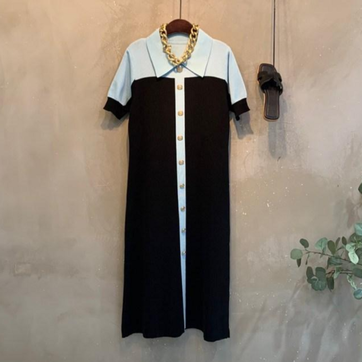 신상,무료배송윈드 배색 골드버튼 카라 롱 니트 원피스 2color C