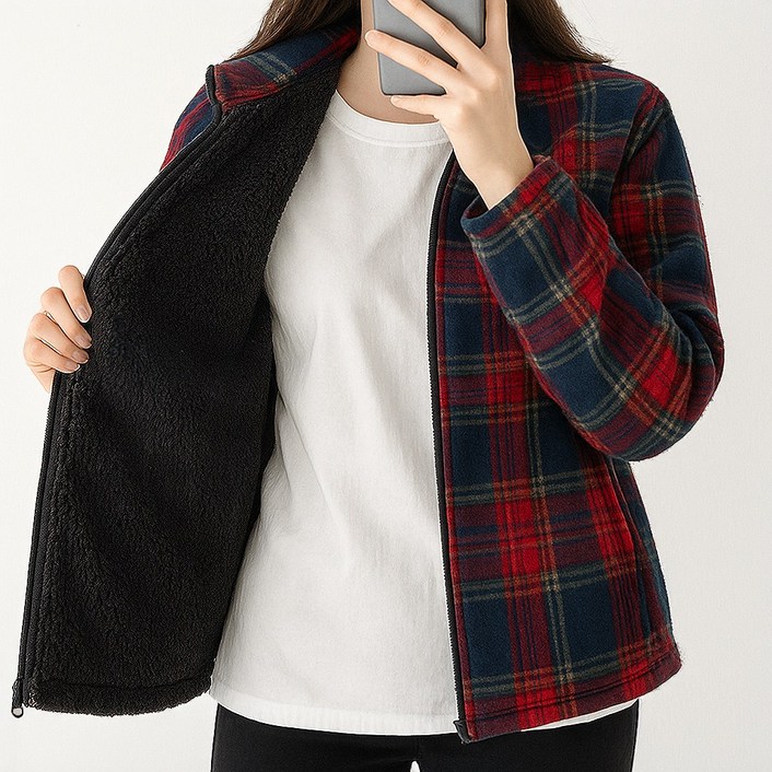 여성 겨울 기모 후리스 뽀글이 양털 퍼 안감 체크 폴라 플리스 집업 자켓