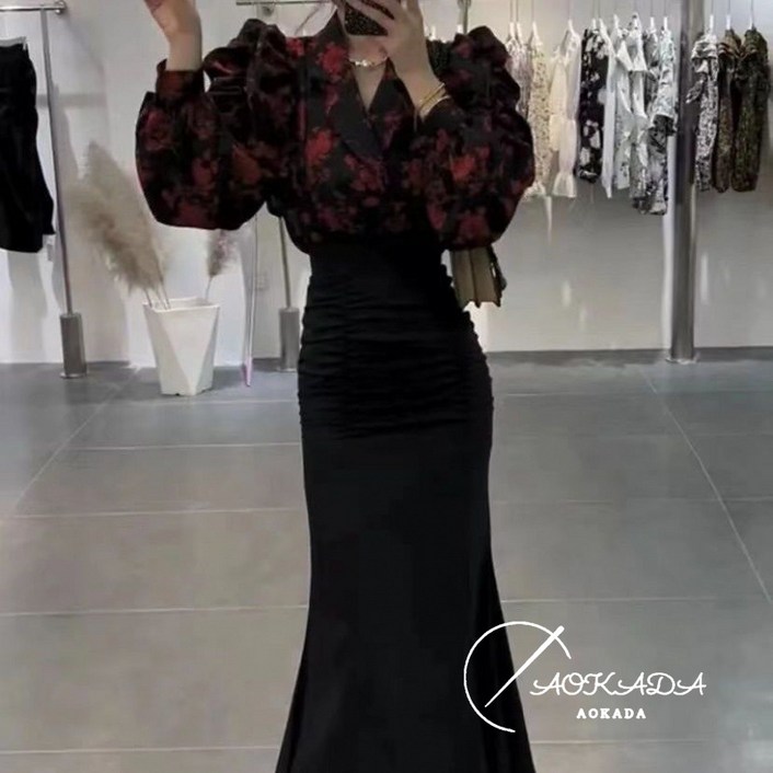 AOKADA 여자 투피스 봄여름 퍼프소매 플라워 블라우스머메이드 스커트