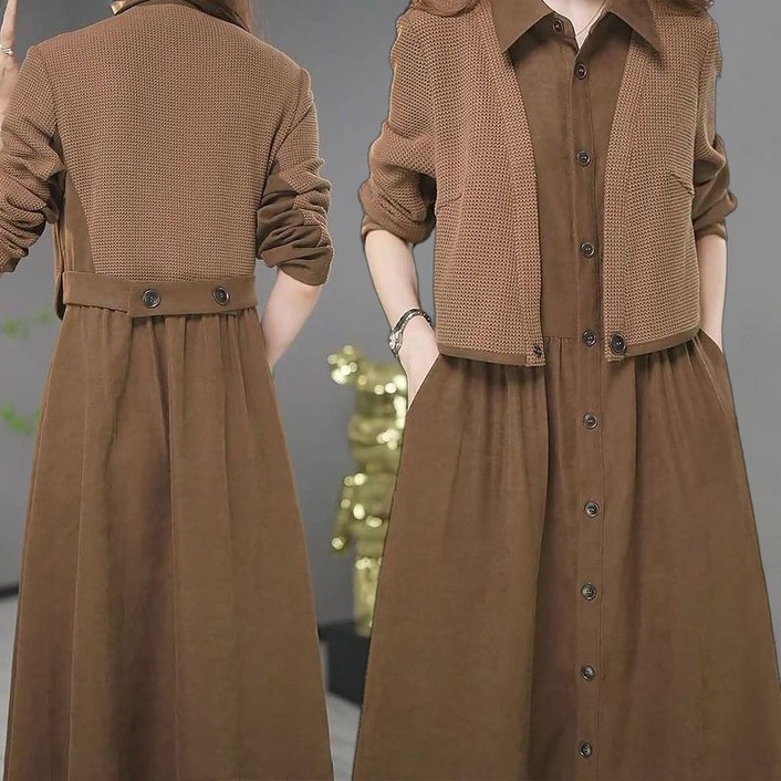 간절기 루즈핏 카라원피스 니트패치 레이어드 플레어 롱원피스 중년여성의류 40대50대