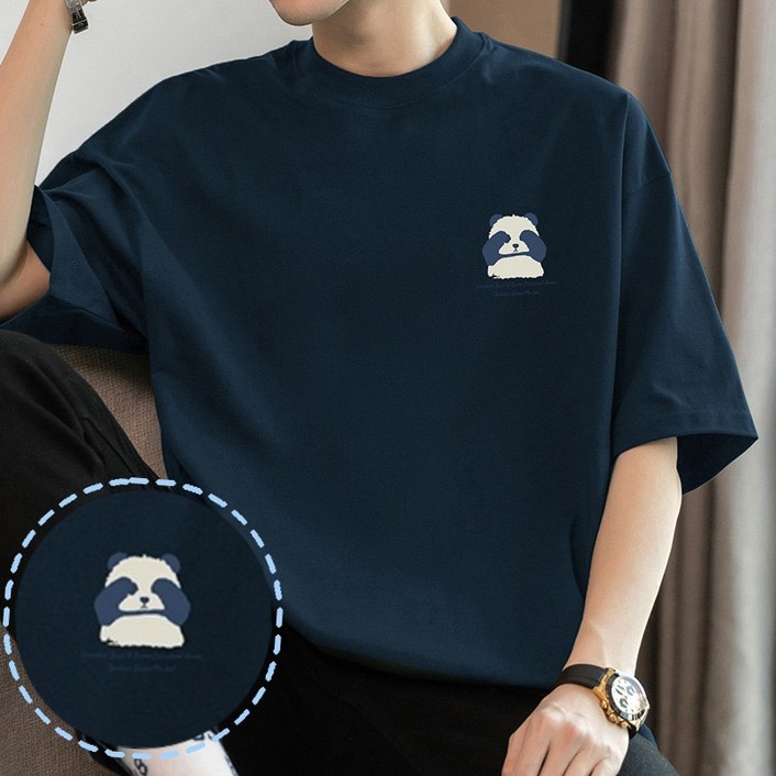 260g코튼 라운드넥 순면 곰돌이 프린트 남성 반팔 티셔츠
