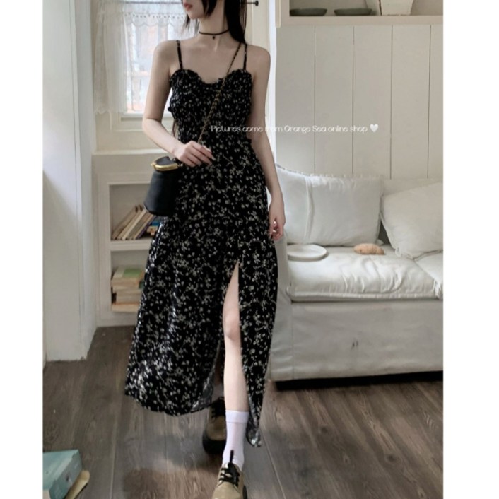 블랙 여리 레이어드 새틴 프릴 쉬폰 간절기 봄 가을 트임 원피스 바캉스 휴가룩 데이트룩