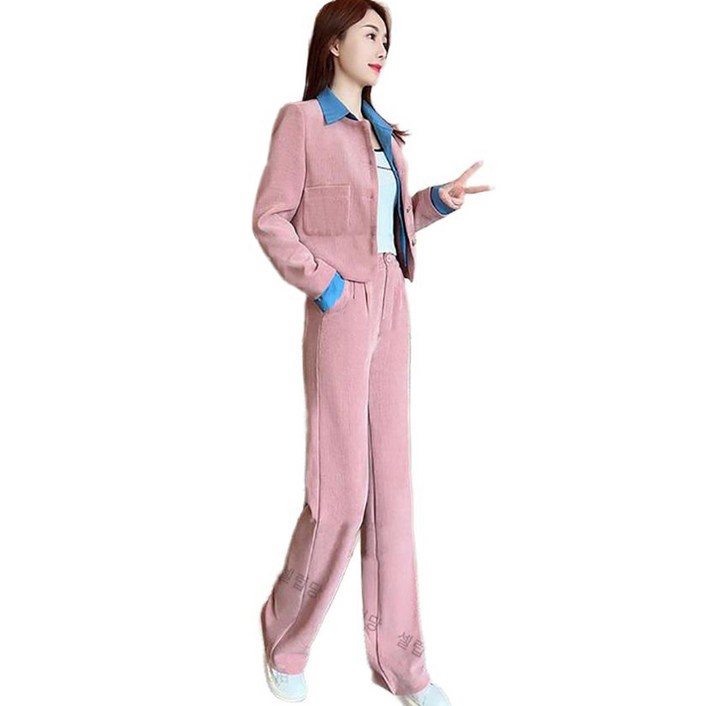 셀럽당 여성용 스타일리쉬 캐주얼 세트 봄가을 크롭자켓와이드팬츠 투피스 세트 A02974KR