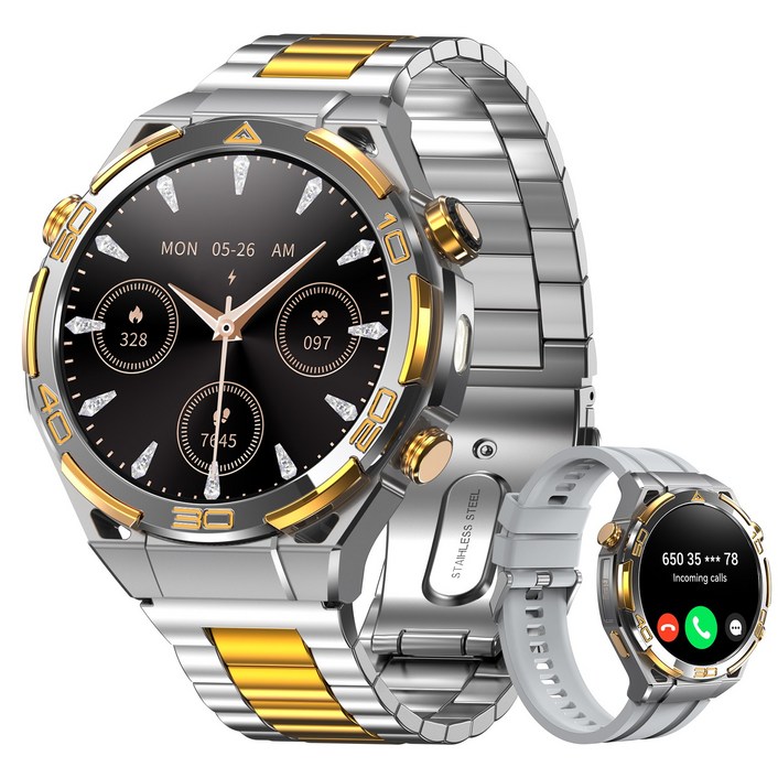 IOWODO W90pro 아웃도어 스마트워치 남성 시계 1.43인치 스틸밴드 GPS 운동경로 나침반 기상 메시지 알림 혈중산소 심박수 수면 스트레스 측정 건강 모니터링, GPS + 블루투스, 4.8cm, 은색
