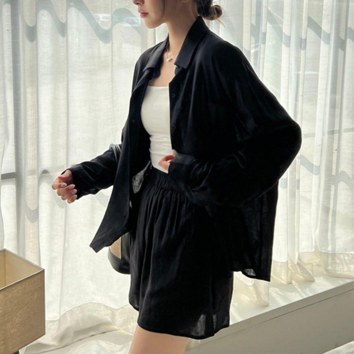 뉴데이 여성 캐주얼 셔츠 반바지 셋업 빅사이즈 밴딩바지