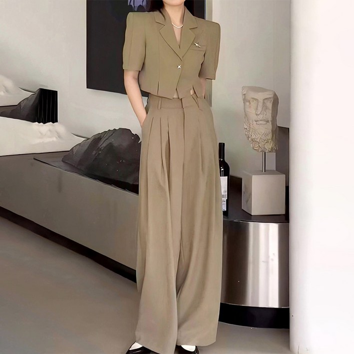 비비에모 숏 카라 반팔 재킷 와이드 팬츠 여름 정장세트 06729 비비에모 숏 카라 반팔 재킷 와이드 팬츠 여름 정장세트 06729