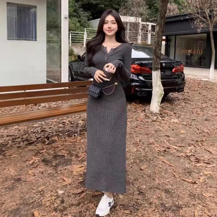 피어니스트 클래식 슬림핏 골지 롱 니트 원피스