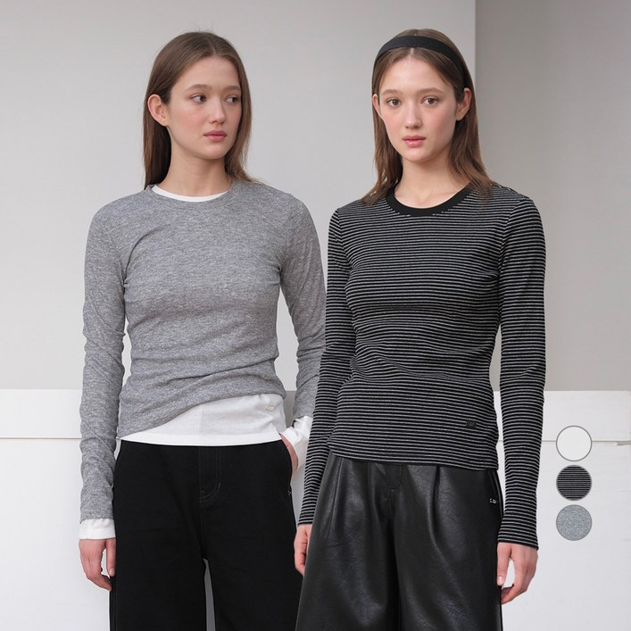 쥬시쥬디 여성용 라운드넥 골지 티셔츠 2종 세트 JZTS026E