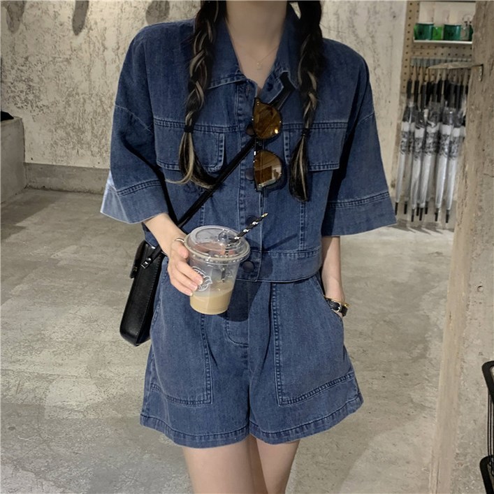 아이엠몽 여성용 시즈마 루즈핏 레트로 데님 투피스 세트