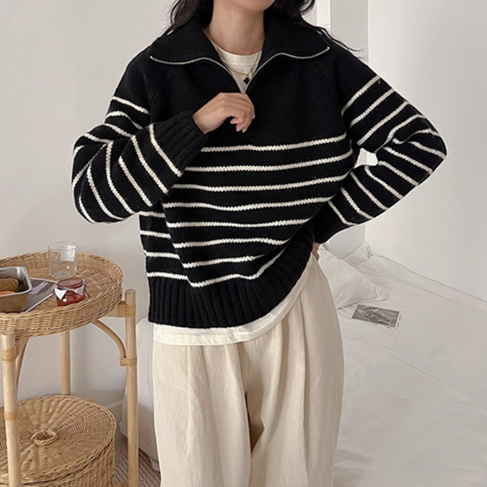 패션플로우 여성용 코지웨이브 스트라이프 반집업 니트