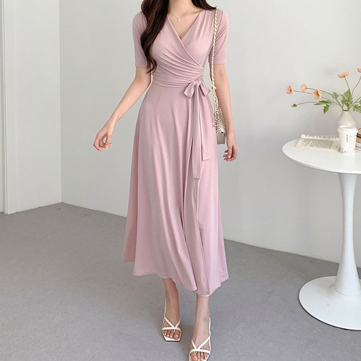 비비에모 에스 피트 리본 랩 롱 트임 원피스 10643