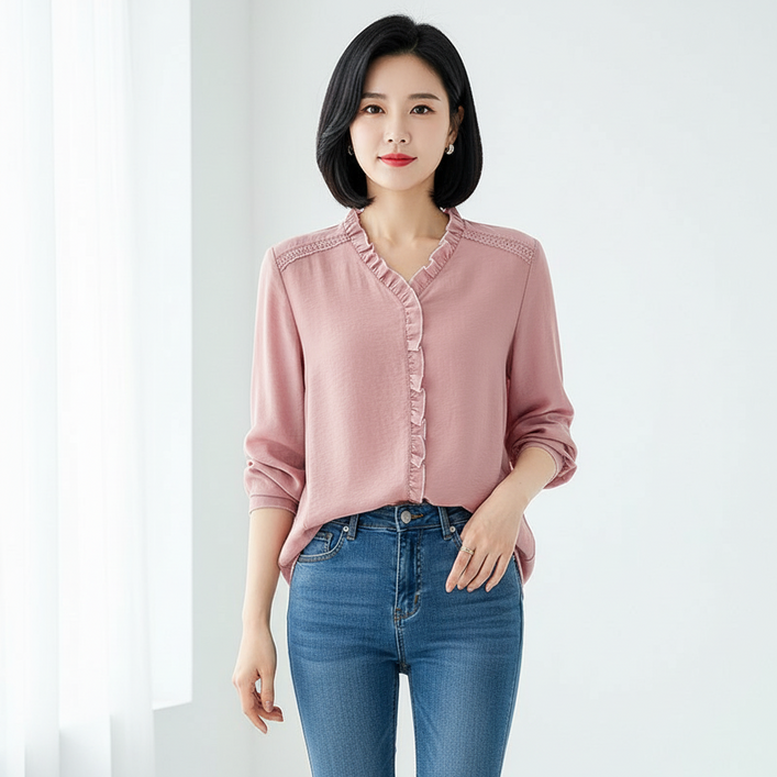 마켓피아 여성용 엄마 프릴 V넥 긴팔 블라우스