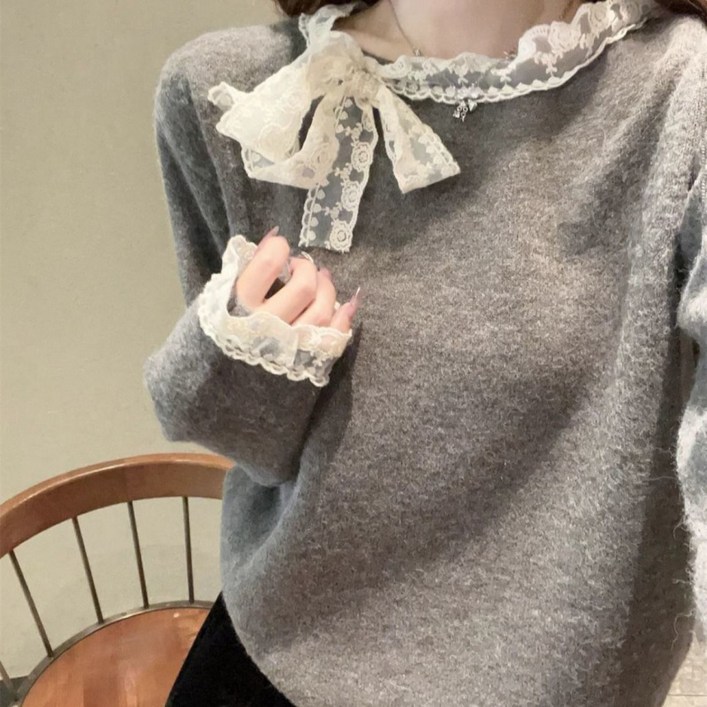 쁘띠꼬모 여성 레이스 프릴 카라 루즈핏 니트 스웨터 데일리 캐주얼 블라우스 WW122501