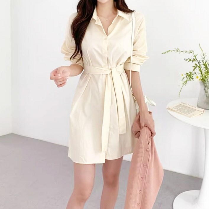 에스알비 허리끈 셔츠 원피스