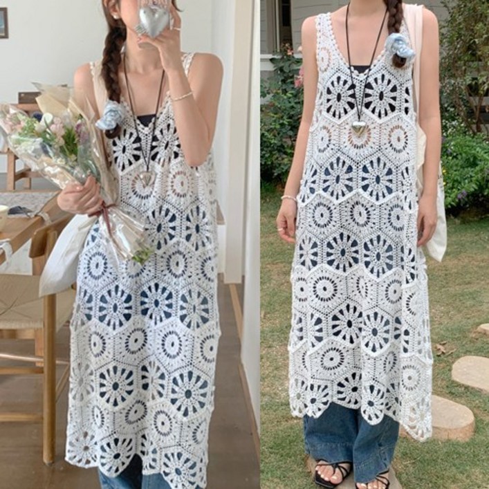 루비루 RB3042 신축성 짱 뜨개 레이스  나시 셋트  펀칭 레이어드 롱 뷔스티에 니트 원피스