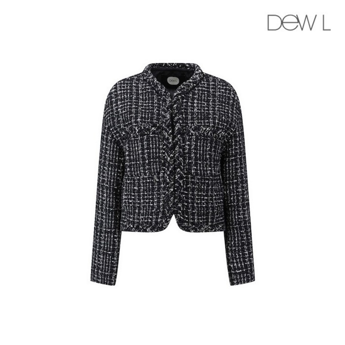 국내백화점 듀엘 노카라 체크 트위드 자켓 트위드자켓 라운드넥 카라 브이넥